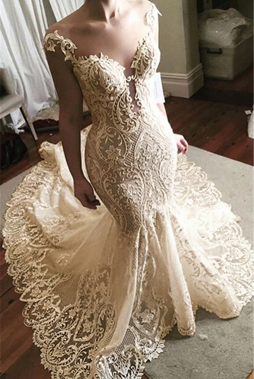 Champagne off-the-shoulder tulle mermaid wedding dress