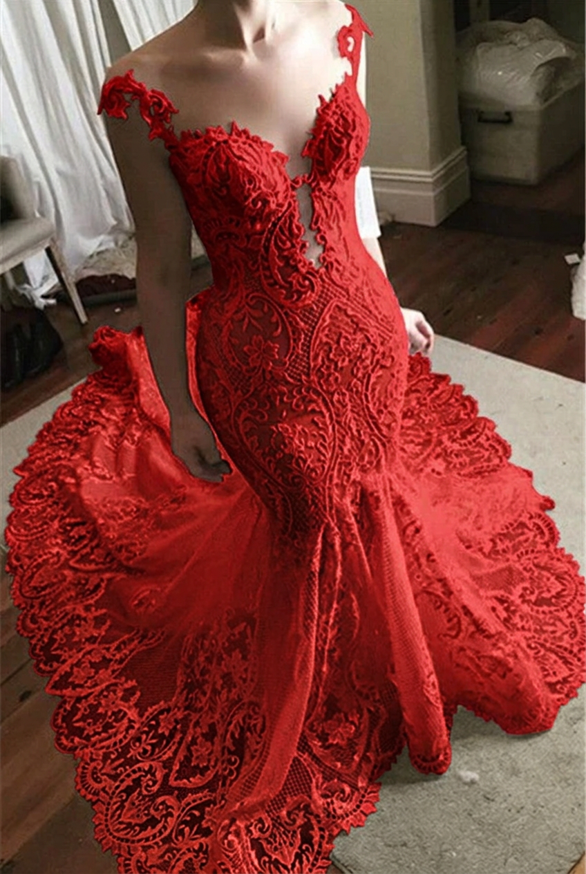 Red off-the-shoulder tulle mermaid wedding dress