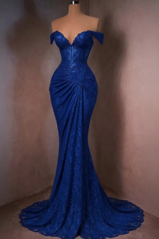 Lace Off-the-Shoulder Mermaid Evening Dress Sweetheart Corset Sunburst Ruching Scallop Hem Formal Gown with Sweep Train