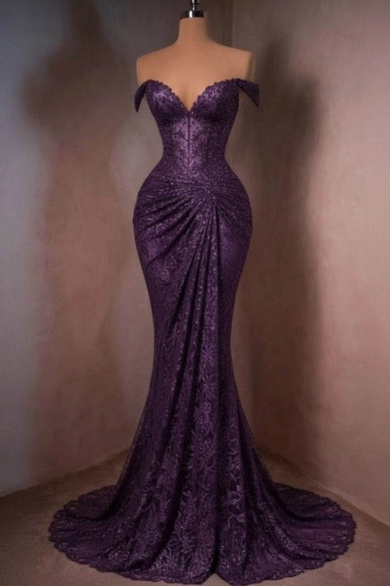 Lace Off-the-Shoulder Mermaid Evening Dress Sweetheart Corset Sunburst Ruching Scallop Hem Formal Gown with Sweep Train