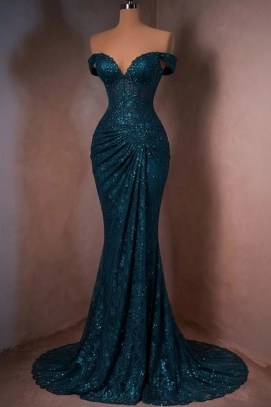 Lace Off-the-Shoulder Mermaid Evening Dress Sweetheart Corset Sunburst Ruching Scallop Hem Formal Gown with Sweep Train