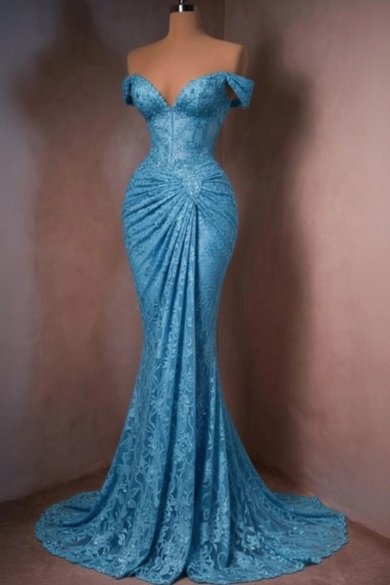 Lace Off-the-Shoulder Mermaid Evening Dress Sweetheart Corset Sunburst Ruching Scallop Hem Formal Gown with Sweep Train