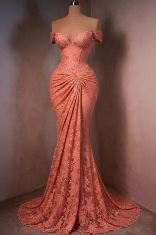 Lace Off-the-Shoulder Mermaid Evening Dress Sweetheart Corset Sunburst Ruching Scallop Hem Formal Gown with Sweep Train