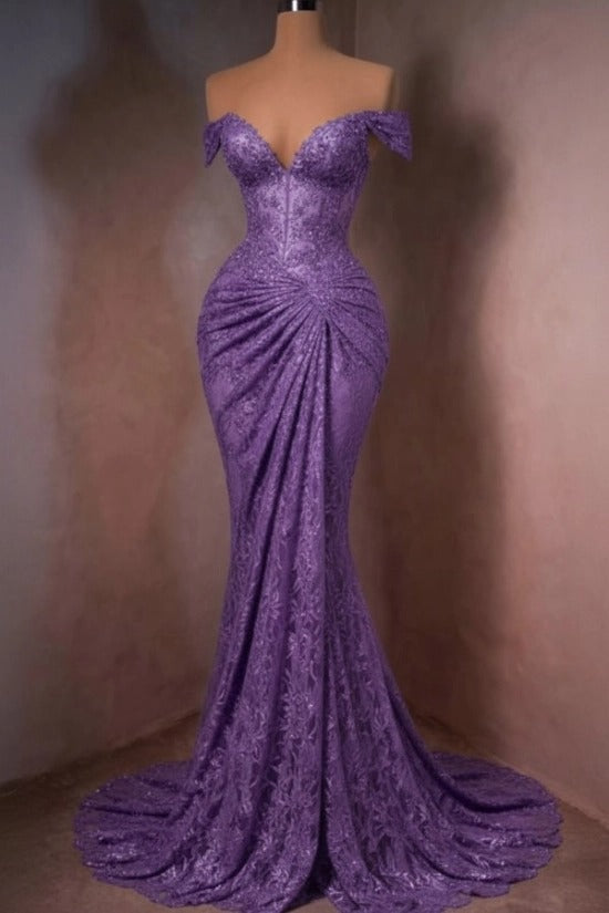 Lace Off-the-Shoulder Mermaid Evening Dress Sweetheart Corset Sunburst Ruching Scallop Hem Formal Gown with Sweep Train
