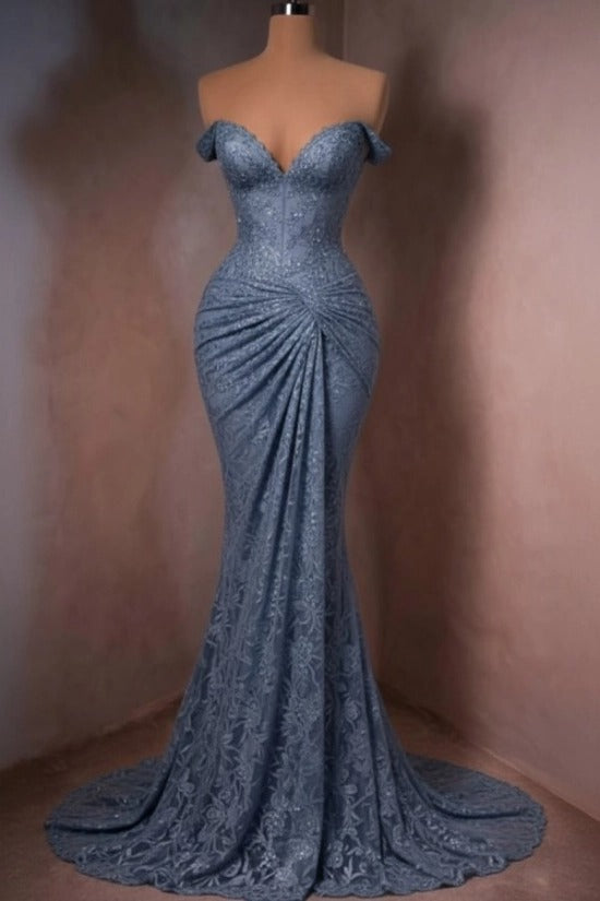 Lace Off-the-Shoulder Mermaid Evening Dress Sweetheart Corset Sunburst Ruching Scallop Hem Formal Gown with Sweep Train
