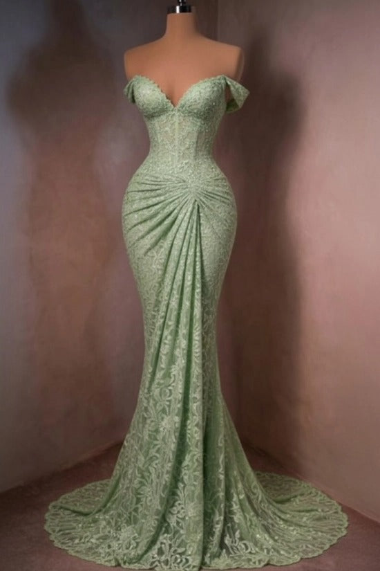 Lace Off-the-Shoulder Mermaid Evening Dress Sweetheart Corset Sunburst Ruching Scallop Hem Formal Gown with Sweep Train