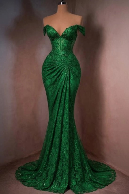 Lace Off-the-Shoulder Mermaid Evening Dress Sweetheart Corset Sunburst Ruching Scallop Hem Formal Gown with Sweep Train