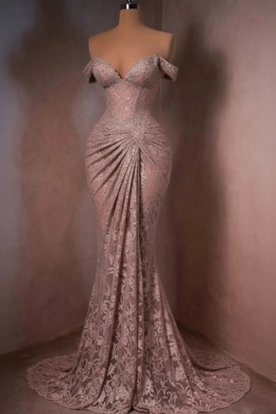 Lace Off-the-Shoulder Mermaid Evening Dress Sweetheart Corset Sunburst Ruching Scallop Hem Formal Gown with Sweep Train