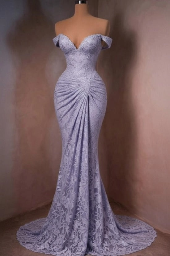 Lace Off-the-Shoulder Mermaid Evening Dress Sweetheart Corset Sunburst Ruching Scallop Hem Formal Gown with Sweep Train