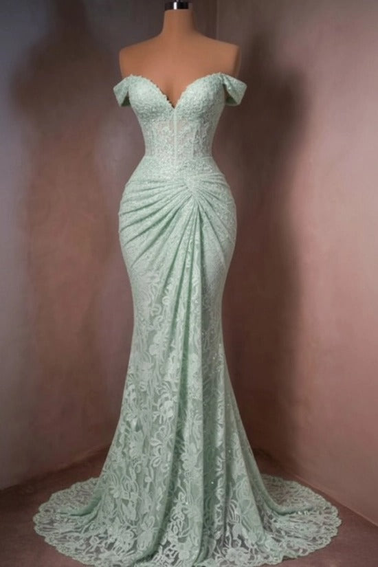 Lace Off-the-Shoulder Mermaid Evening Dress Sweetheart Corset Sunburst Ruching Scallop Hem Formal Gown with Sweep Train