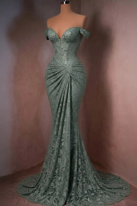 Lace Off-the-Shoulder Mermaid Evening Dress Sweetheart Corset Sunburst Ruching Scallop Hem Formal Gown with Sweep Train