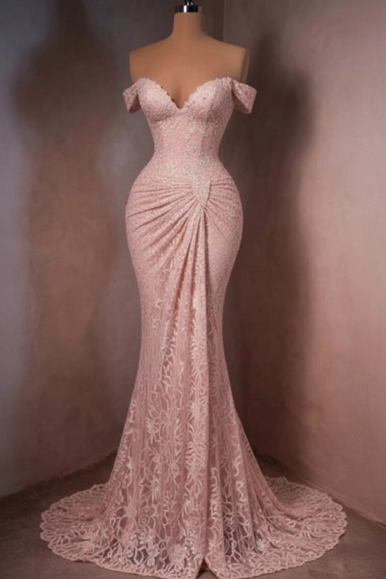Lace Off-the-Shoulder Mermaid Evening Dress Sweetheart Corset Sunburst Ruching Scallop Hem Formal Gown with Sweep Train
