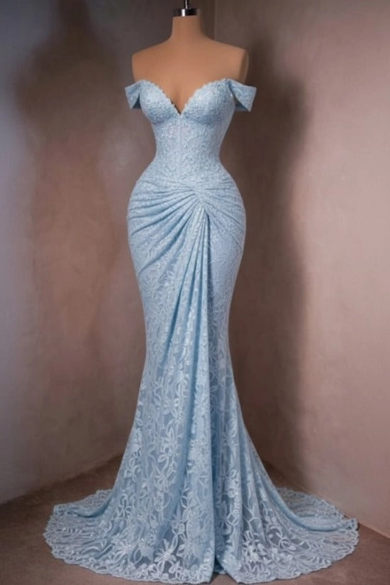 Lace Off-the-Shoulder Mermaid Evening Dress Sweetheart Corset Sunburst Ruching Scallop Hem Formal Gown with Sweep Train