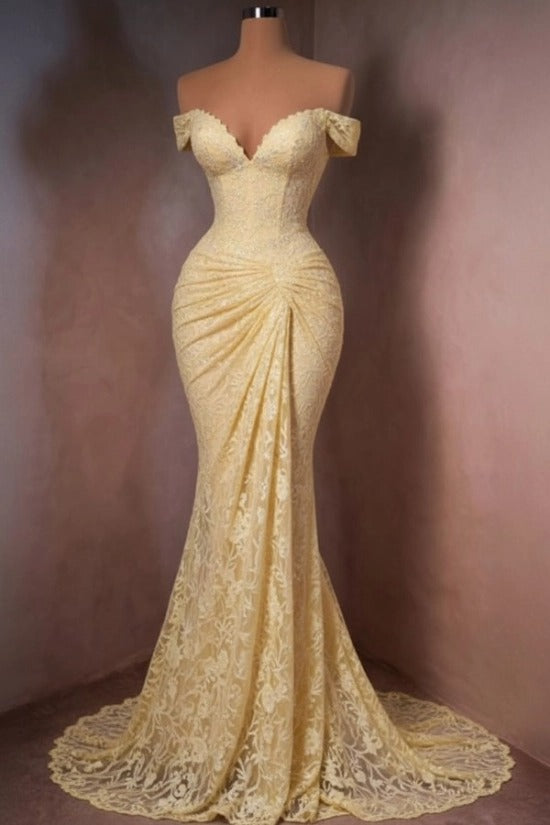 Lace Off-the-Shoulder Mermaid Evening Dress Sweetheart Corset Sunburst Ruching Scallop Hem Formal Gown with Sweep Train