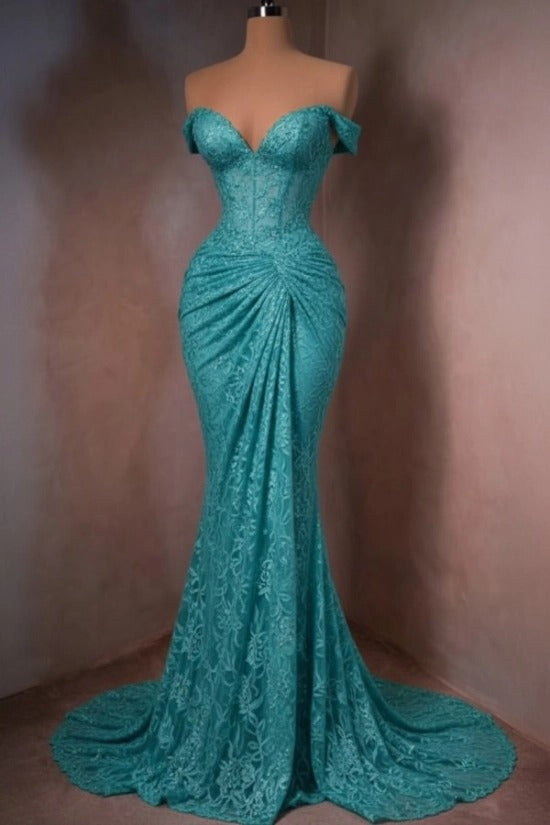 Lace Off-the-Shoulder Mermaid Evening Dress Sweetheart Corset Sunburst Ruching Scallop Hem Formal Gown with Sweep Train