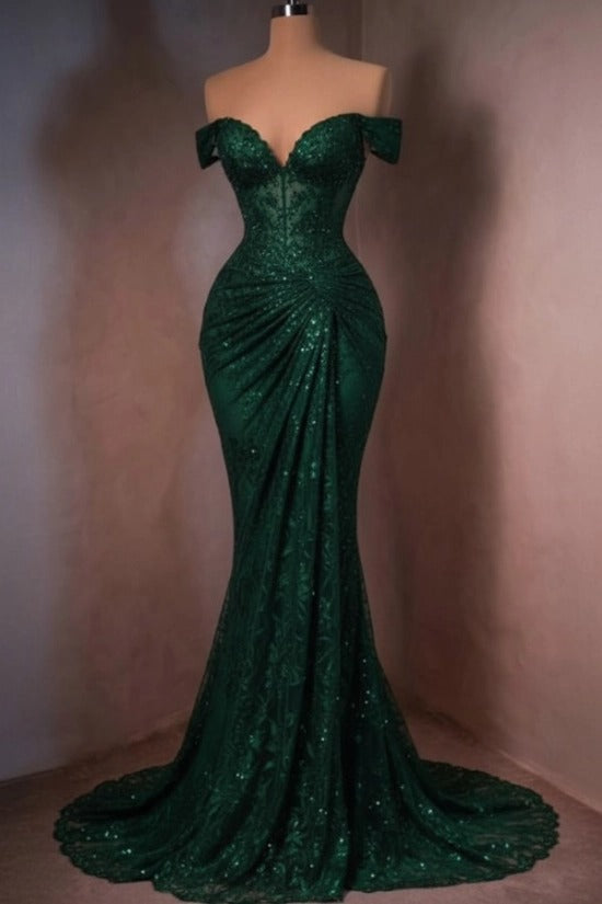 Lace Off-the-Shoulder Mermaid Evening Dress Sweetheart Corset Sunburst Ruching Scallop Hem Formal Gown with Sweep Train