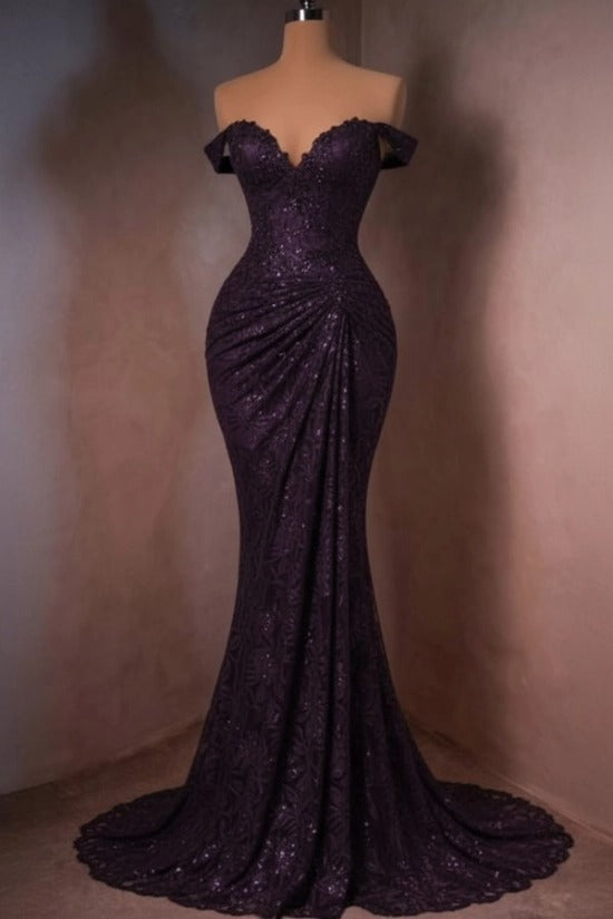 Lace Off-the-Shoulder Mermaid Evening Dress Sweetheart Corset Sunburst Ruching Scallop Hem Formal Gown with Sweep Train