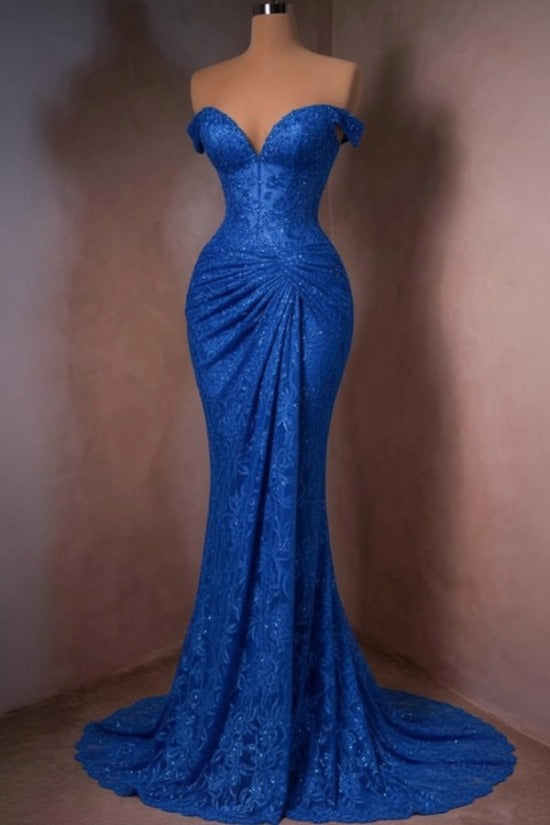 Lace Off-the-Shoulder Mermaid Evening Dress Sweetheart Corset Sunburst Ruching Scallop Hem Formal Gown with Sweep Train