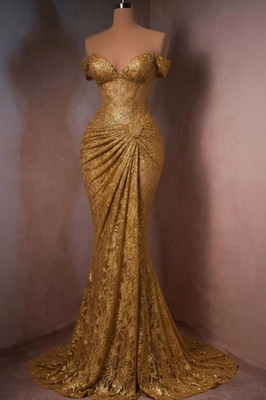 Lace Off-the-Shoulder Mermaid Evening Dress Sweetheart Corset Sunburst Ruching Scallop Hem Formal Gown with Sweep Train