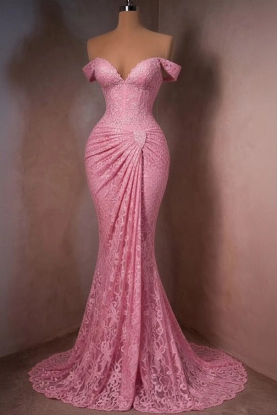 Lace Off-the-Shoulder Mermaid Evening Dress Sweetheart Corset Sunburst Ruching Scallop Hem Formal Gown with Sweep Train