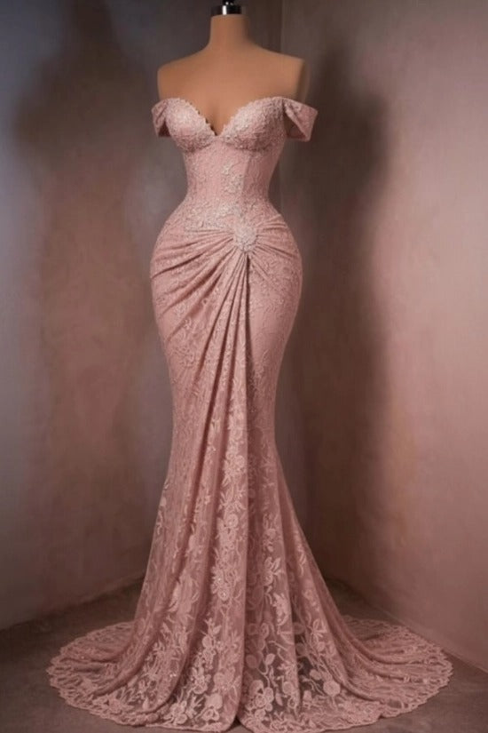Lace Off-the-Shoulder Mermaid Evening Dress Sweetheart Corset Sunburst Ruching Scallop Hem Formal Gown with Sweep Train