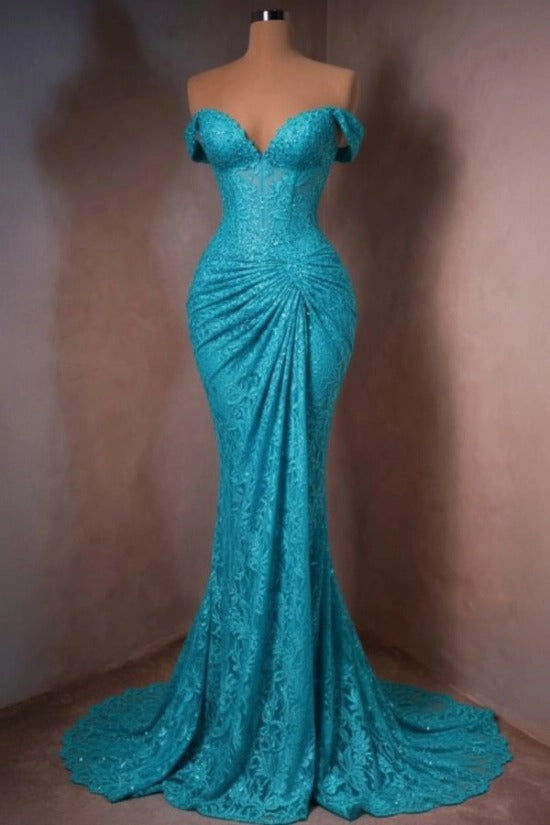 Lace Off-the-Shoulder Mermaid Evening Dress Sweetheart Corset Sunburst Ruching Scallop Hem Formal Gown with Sweep Train