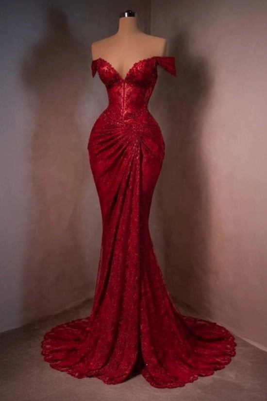 Lace Off-the-Shoulder Mermaid Evening Dress Sweetheart Corset Sunburst Ruching Scallop Hem Formal Gown with Sweep Train