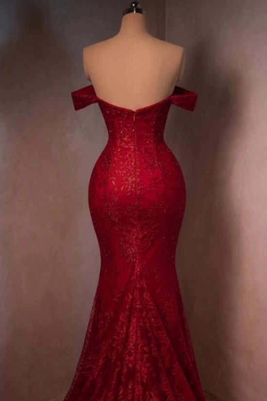 Lace Off-the-Shoulder Mermaid Evening Dress Sweetheart Corset Sunburst Ruching Scallop Hem Formal Gown with Sweep Train