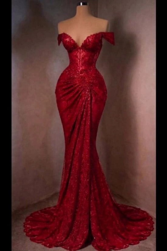 Lace Off-the-Shoulder Mermaid Evening Dress Sweetheart Corset Sunburst Ruching Scallop Hem Formal Gown with Sweep Train