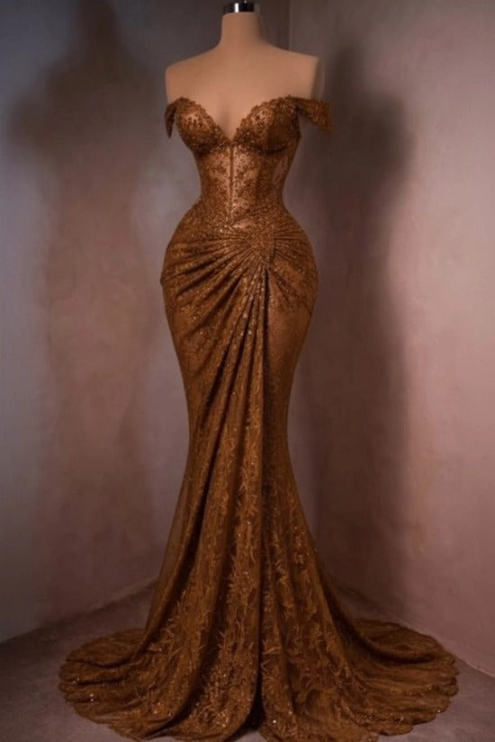 Lace Off-the-Shoulder Mermaid Evening Dress Sweetheart Corset Sunburst Ruching Scallop Hem Formal Gown with Sweep Train