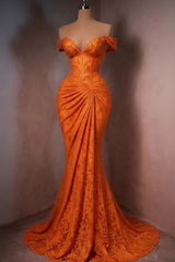Lace Off-the-Shoulder Mermaid Evening Dress Sweetheart Corset Sunburst Ruching Scallop Hem Formal Gown with Sweep Train