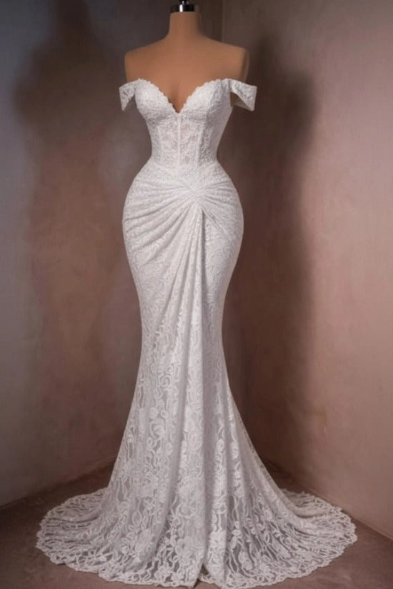 Lace Off-the-Shoulder Mermaid Evening Dress Sweetheart Corset Sunburst Ruching Scallop Hem Formal Gown with Sweep Train
