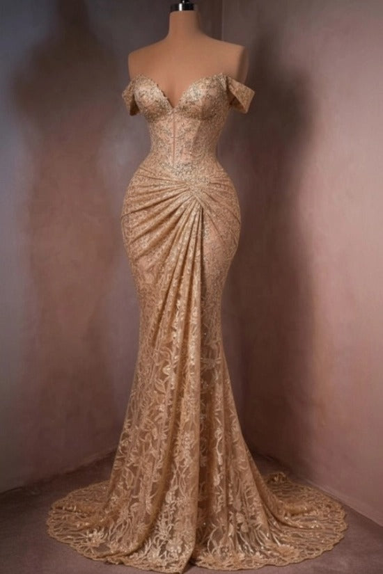 Lace Off-the-Shoulder Mermaid Evening Dress Sweetheart Corset Sunburst Ruching Scallop Hem Formal Gown with Sweep Train