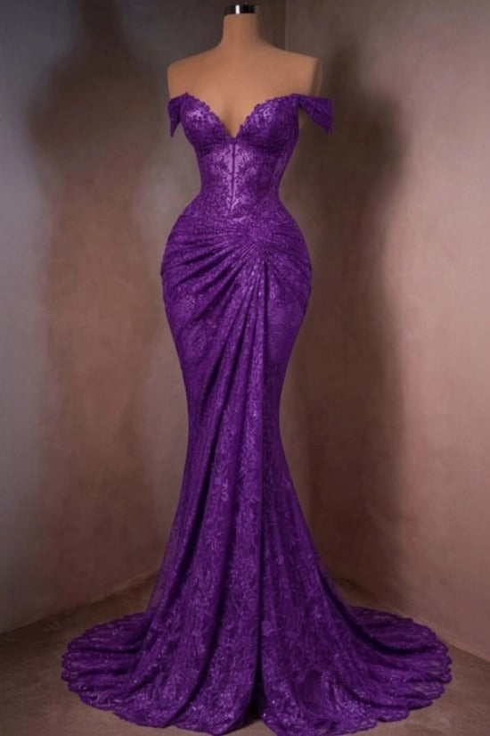 Lace Off-the-Shoulder Mermaid Evening Dress Sweetheart Corset Sunburst Ruching Scallop Hem Formal Gown with Sweep Train
