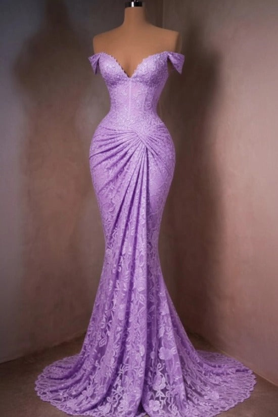 Lace Off-the-Shoulder Mermaid Evening Dress Sweetheart Corset Sunburst Ruching Scallop Hem Formal Gown with Sweep Train