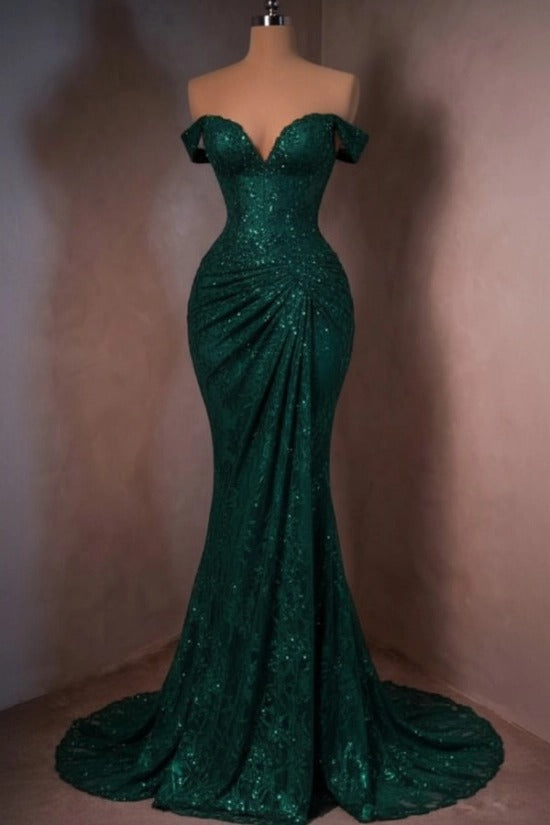 Lace Off-the-Shoulder Mermaid Evening Dress Sweetheart Corset Sunburst Ruching Scallop Hem Formal Gown with Sweep Train