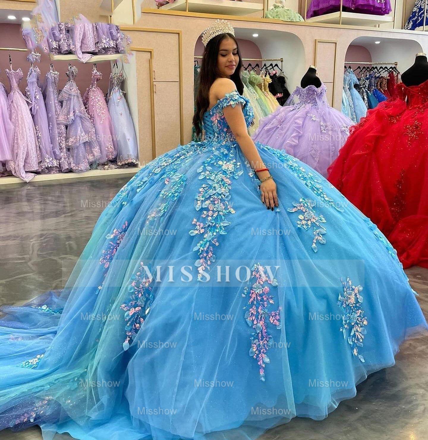 Lake Blue Off-Shoulder Sleeveless 3D Floral Applique Beaded Ball Gown Quinceanera Dress