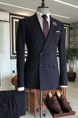 Latest Black Double Breasted Peaked Lapel Business Suit with Red Plaid