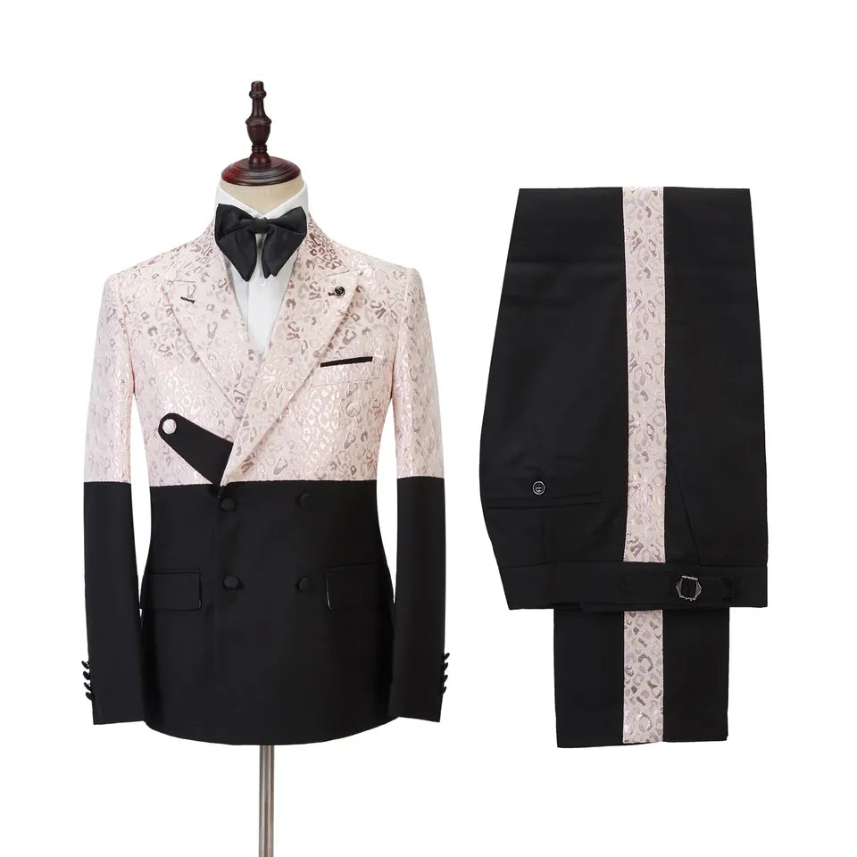 Latest Blush Pink Jacquard Peaked Lapel Double Breasted Prom Ensemble