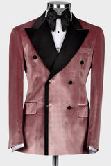 Latest Blush Pink Peaked Lapel Double Breasted Velvet Prom Attire