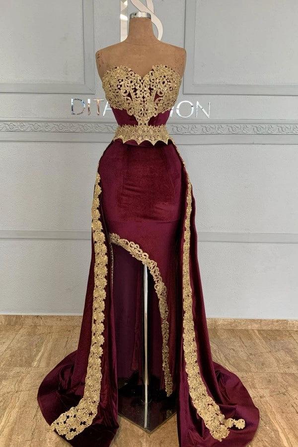 Latest Burgundy Sweetheart Sleeveless Mermaid Wedding Dress with Appliques and Slit
