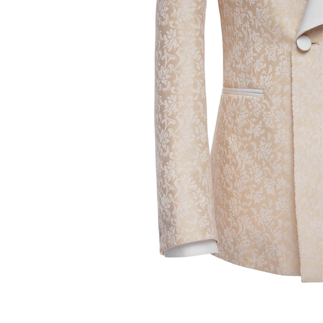 Latest Champagne Shawl Collar Double Breasted Jacquard Groom's Wedding Suit