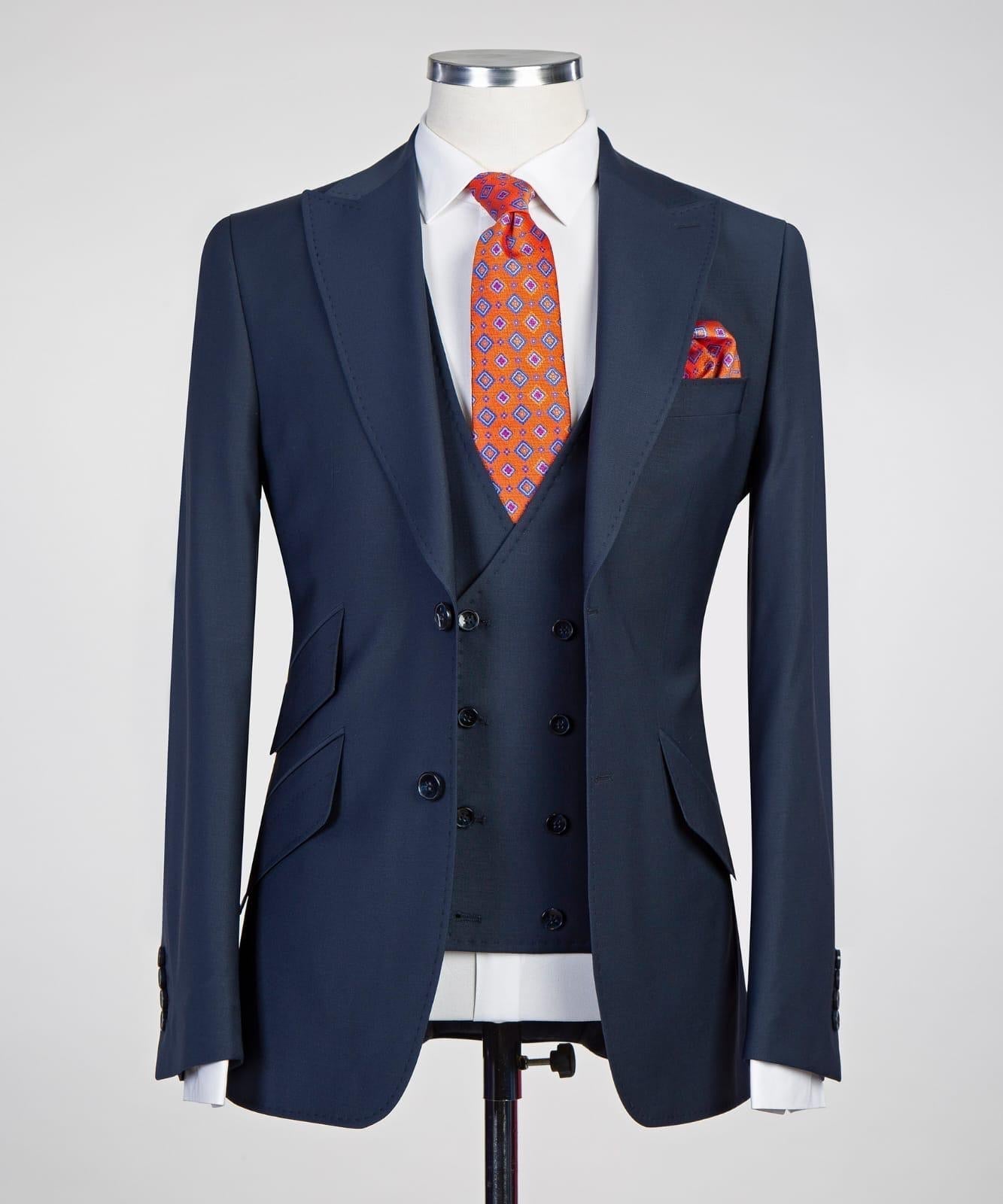Latest Dark Blue Peak Lapel Three-Piece Business Suits for Men