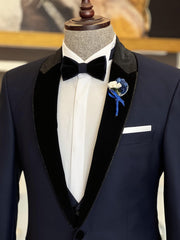 Latest Dark Navy Spliced Shawl Lapel Three-Piece Men’s Suit