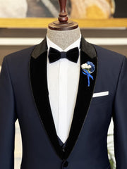 Latest Dark Navy Spliced Shawl Lapel Three-Piece Men’s Suit