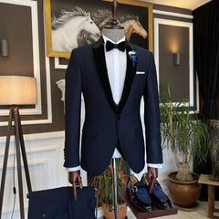 Latest Dark Navy Spliced Shawl Lapel Three-Piece Men’s Suit