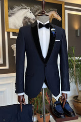Latest Dark Navy Spliced Shawl Lapel Three-Piece Men’s Suit
