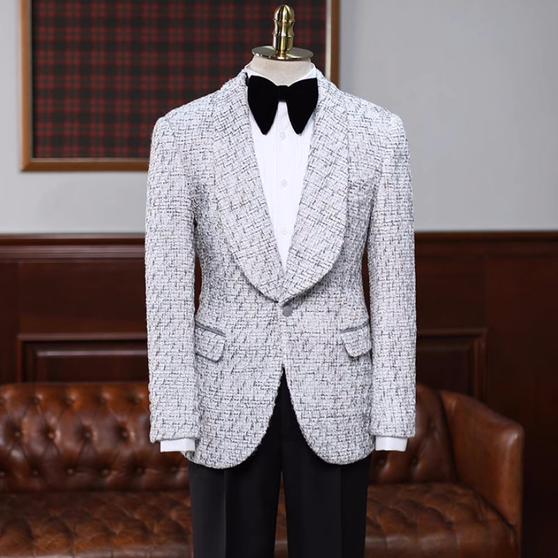 Latest Gray Jacquard Shawl Lapel Wedding Ensemble For Men