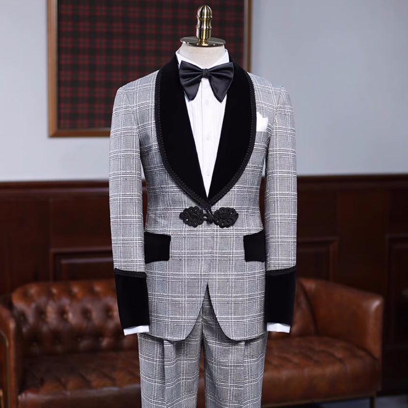 Latest Gray Plaid Shawl Collar Wedding Attire For Men