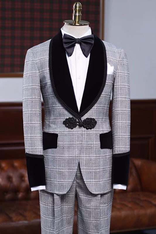 Latest Gray Plaid Shawl Collar Wedding Attire For Men